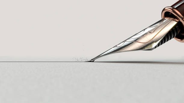 A closeup view of an ornate metal nib of an old fountain pen drawing a straight ink line on a textured paper surface - 3D render
